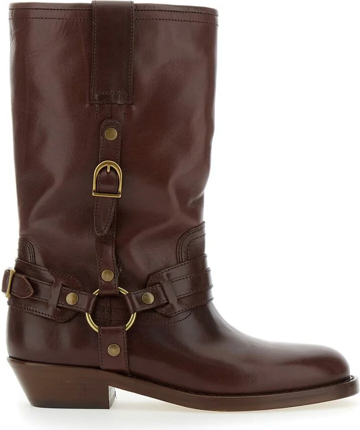 'Heiko' Brown Ankle Boots With Buckle And Stud Embellishments In Leather Woman