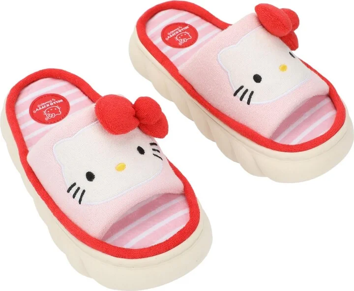 Hello Kitty 3D Character Face Art Women's Pink & White Striped Open-Toed Slide