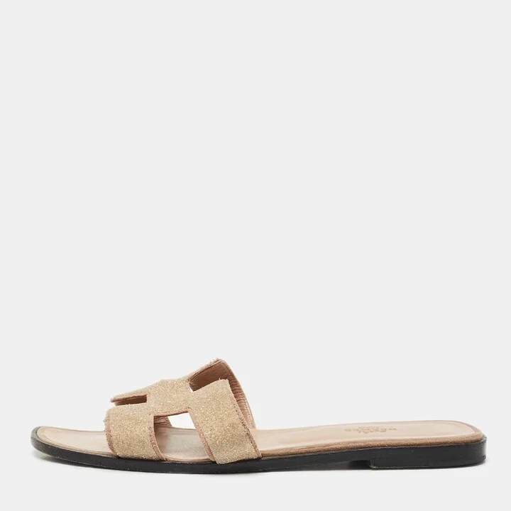 Hermes Beige Crystal Suede Oran Flat Slide Sandals Size 39