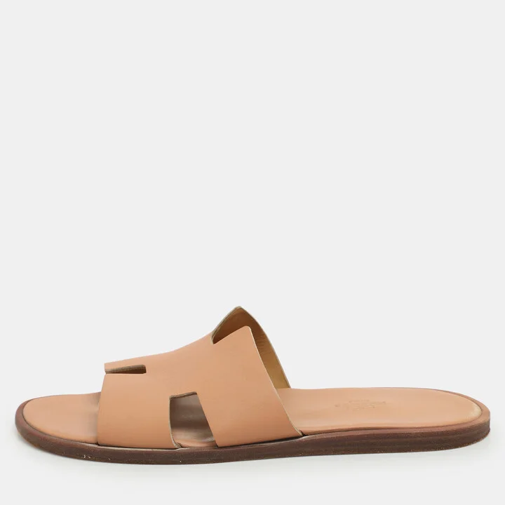 Hermes Beige Leather Izmir Flat Slides Size 41