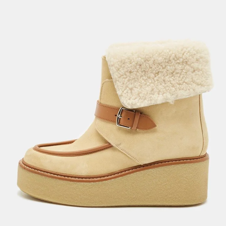 Hermes Beige Suede and Shearling Fur Hemisphere Ankle Boots Size 37