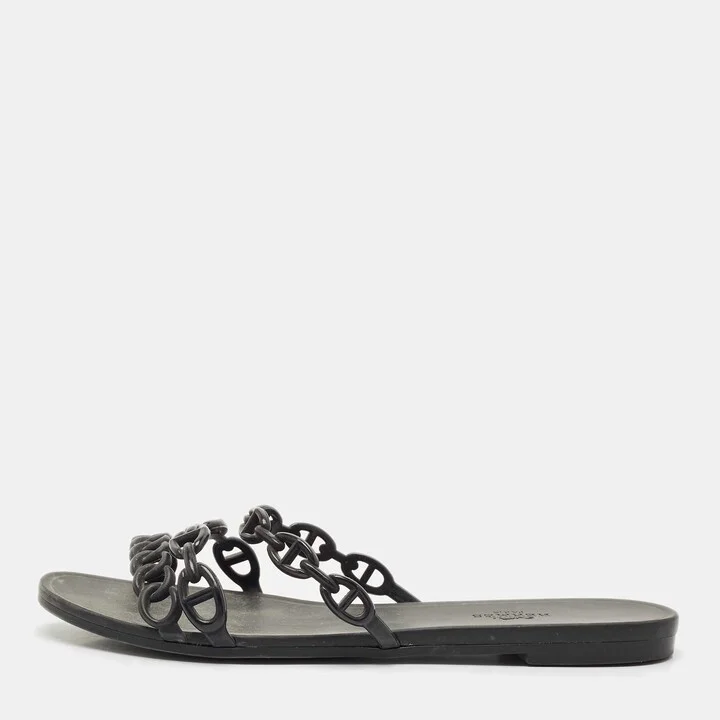 Hermes Black Jelly Chaine d'Ancre Rivage Slide Flats Size 38