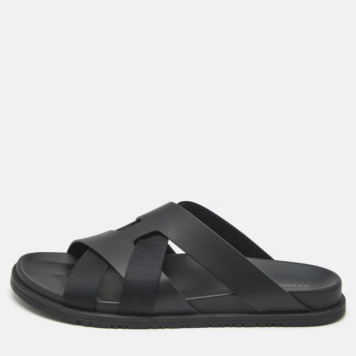 Hermes Black Leather and Fabric Kazimir Sandals Size 45.5