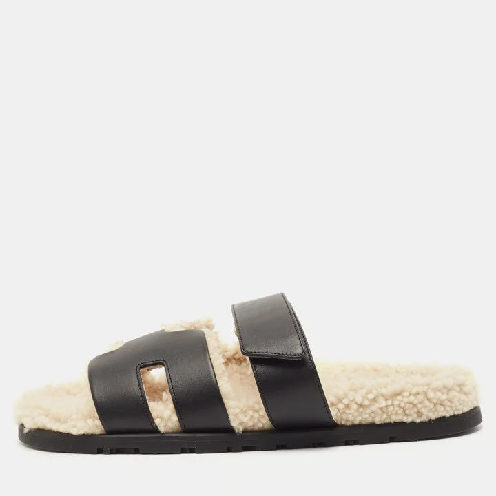Hermes Black Leather and Shearling Fur Lined Chypre Sandals Size 40