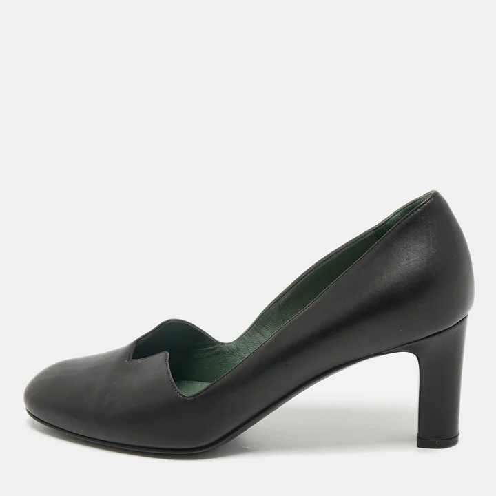 Hermes Black Leather Block Heel Pumps Size 37.5