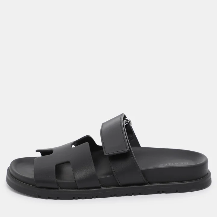 Hermes Black Leather Chypre Slide Sandals Size 35