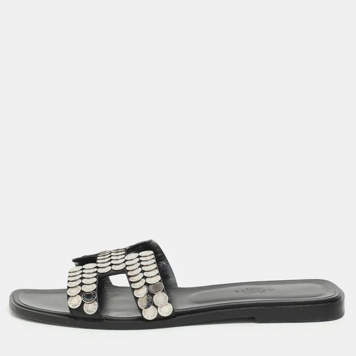 Hermès Black Leather Clou De Selle Embellished Oran Flat Slides Size 39