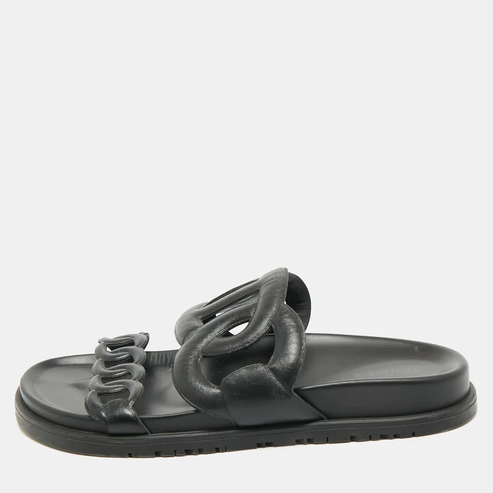 Hermes Black Leather Extra Flat Slide Sandals Size 36.5