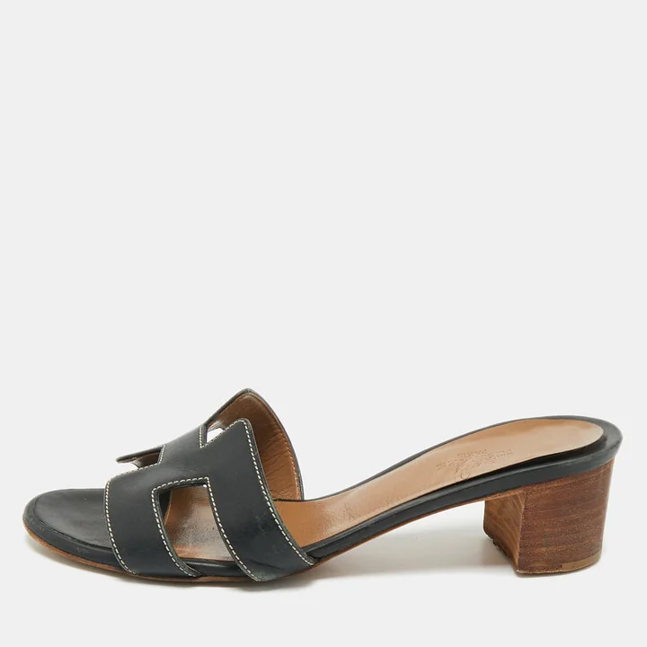 Hermes Black Leather Oasis Slide Sandals Size 35.5