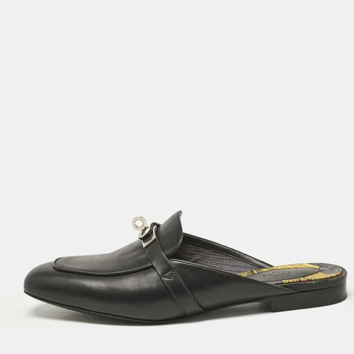 Hermes Black Leather Oz Flat Mules Size 38.5