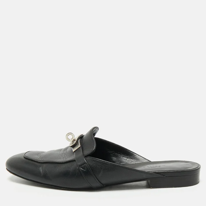 Hermes Black Leather Oz Flat Mules Size 39