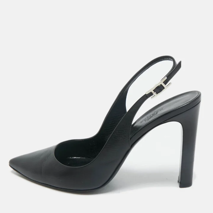 Hermes Black Leather Pointed Toe Slingback Pumps Size 38