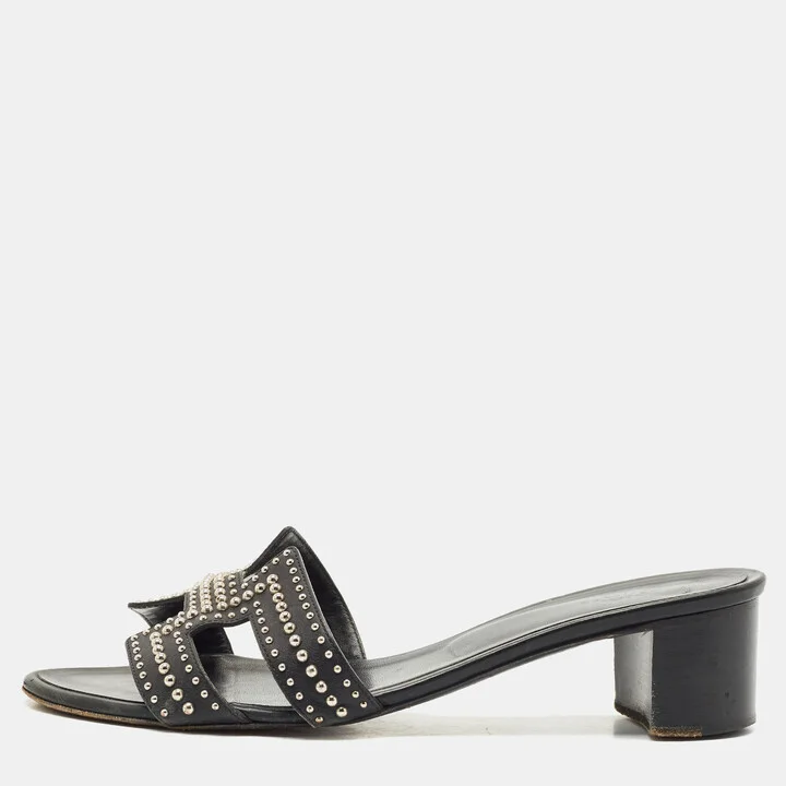 Hermes Black Leather Studded Oasis Block Heel Sandals Size 39