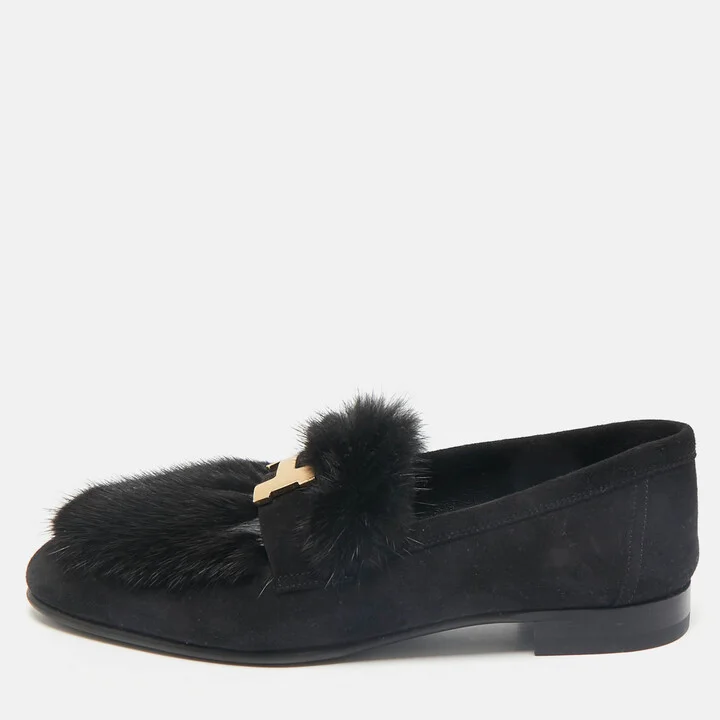 Hermès Black Mink Fur and Suede Smoking Slippers Size 36