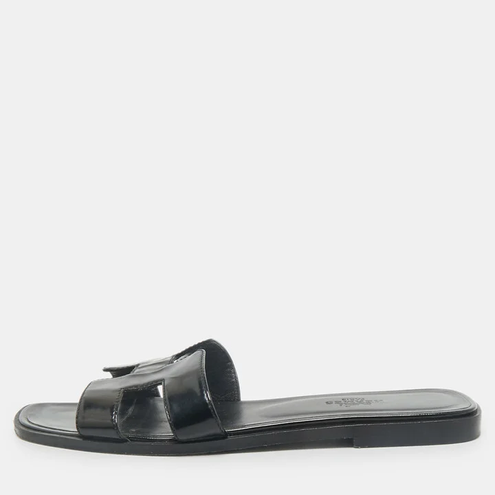 Hermes Black Patent Leather Oran Flat Slides Size 37.5