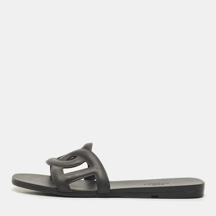 Hermes Black Rubber Aloha Flat Slides Size 35