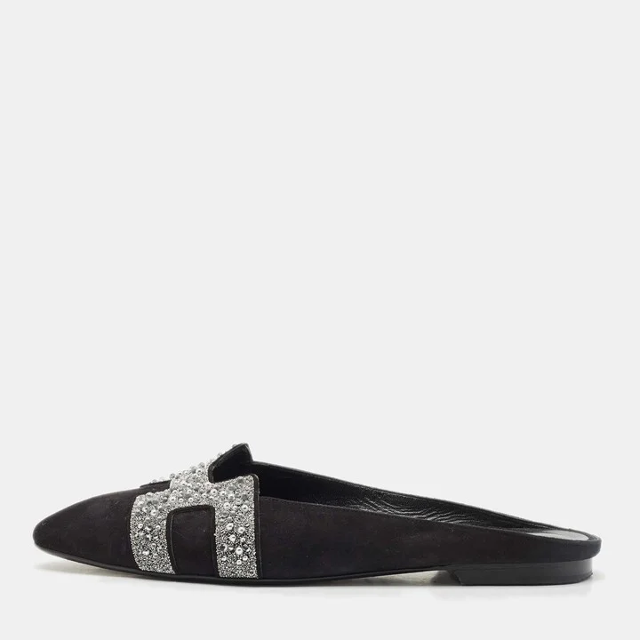 Hermes Black/Silver Suede And Crystal Roxane Mules Size 38