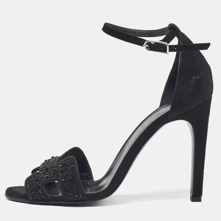 Hermes Black Suede And Crystal Embellished Premiere Ankle Strap Sandals Size 38.5