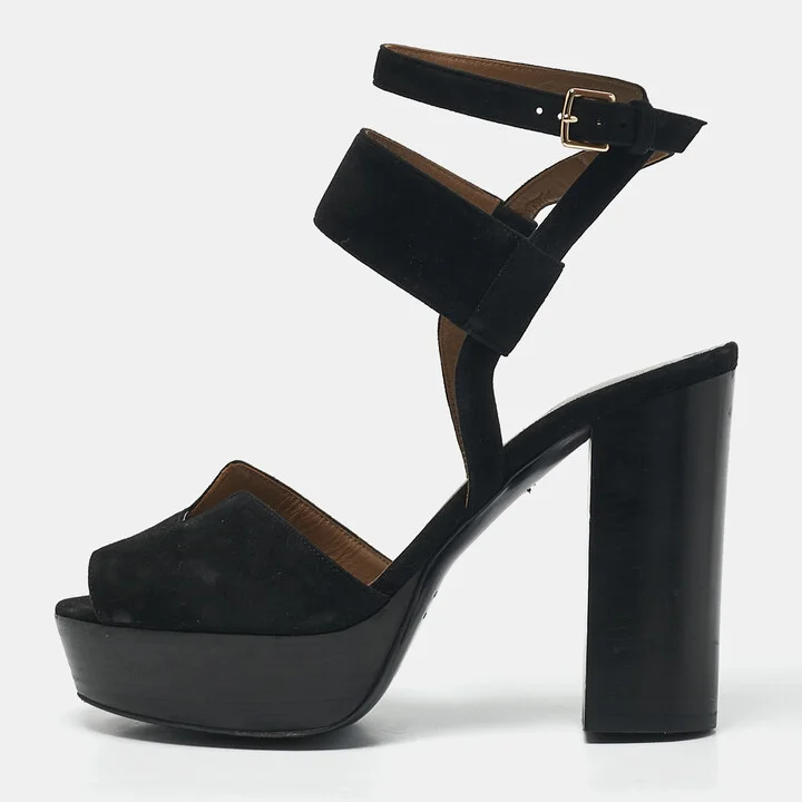 Hermes Black Suede Ankle Strap Platform Sandals Size 38