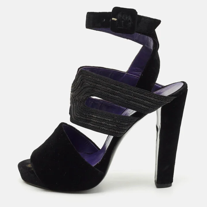 Hermes Black Velvet Platform Ankle Strap Sandals Size 40