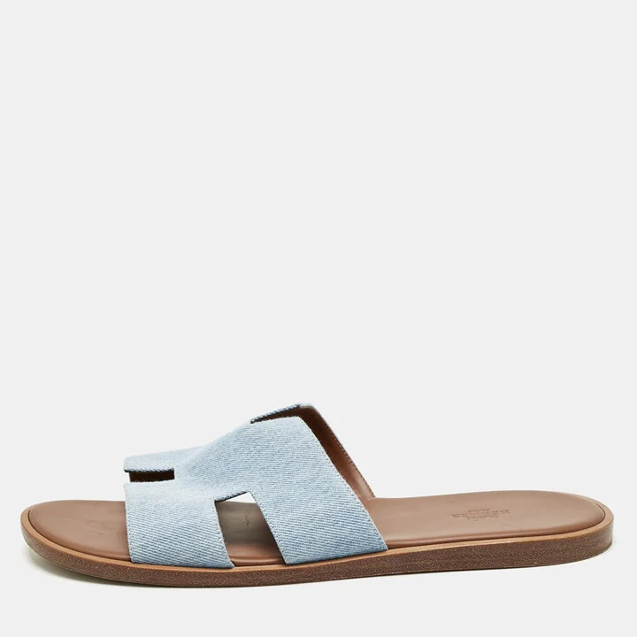 Hermes Blue Denim Izmir Flat Slide Sandals Size 45.5