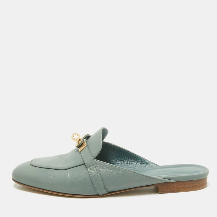 Hermes Blue Leather Gold Plated Oz Mule Sandals Size 40