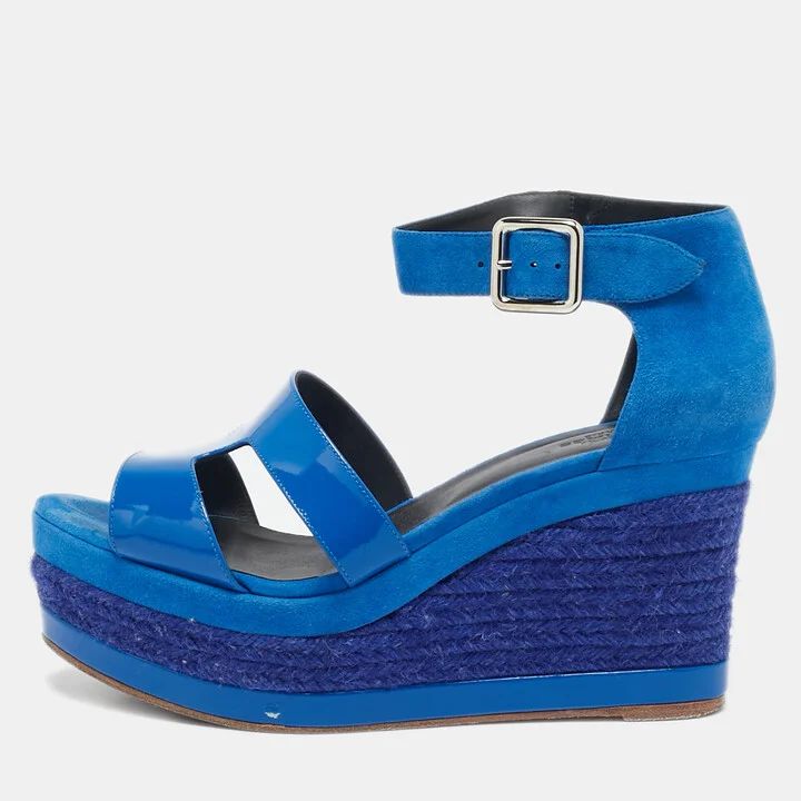 Hermes Blue Suede And Patent Leather Ilana Espadrille Wedge Sandals Size 38