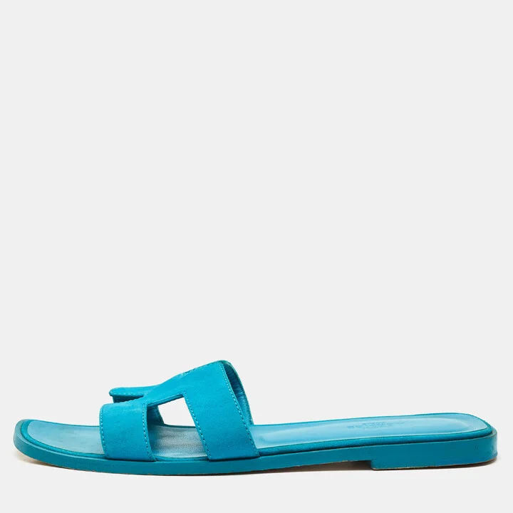 Hermes Blue Suede Oran Flat Slides Size 38