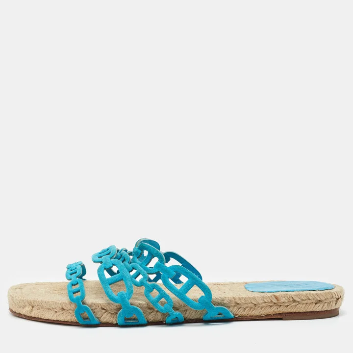 Hermes Blue Suede Thalassa Espadrille Flat Sandals Size 40