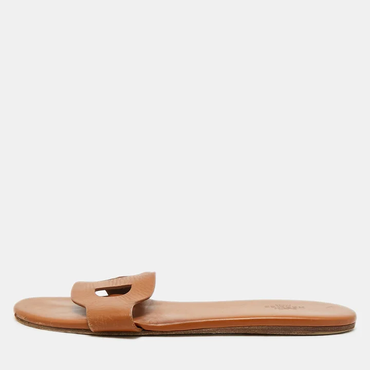 Hermes Brown Leather Lisboa Flat Sandals Size 39