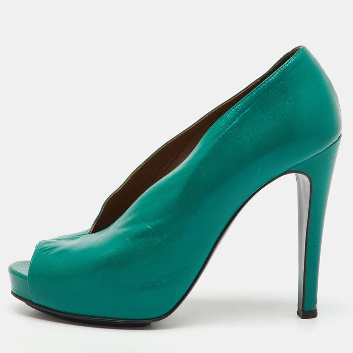 Hermes Green Leather Gloria Peep Toe Platform Pumps Size 37
