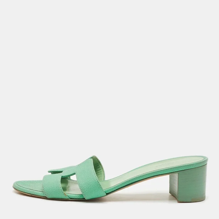 Hermes Green Leather Oasis Slide Sandals Size 38.5