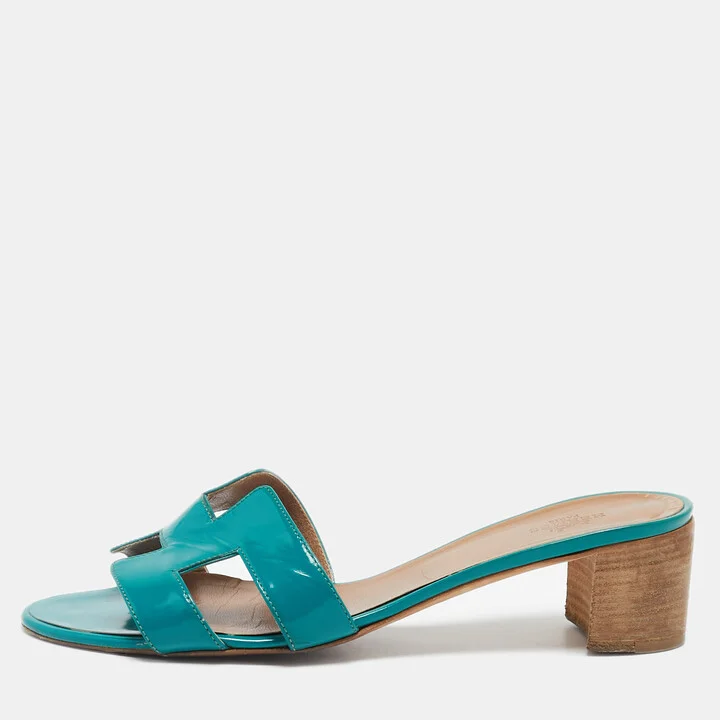 Hermes Green Patent Leather Oasis Slide Sandals Size 40