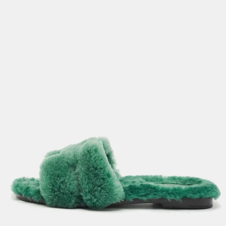 Hermes Green Shearling Fur Oran Flat Slides Size 37.5