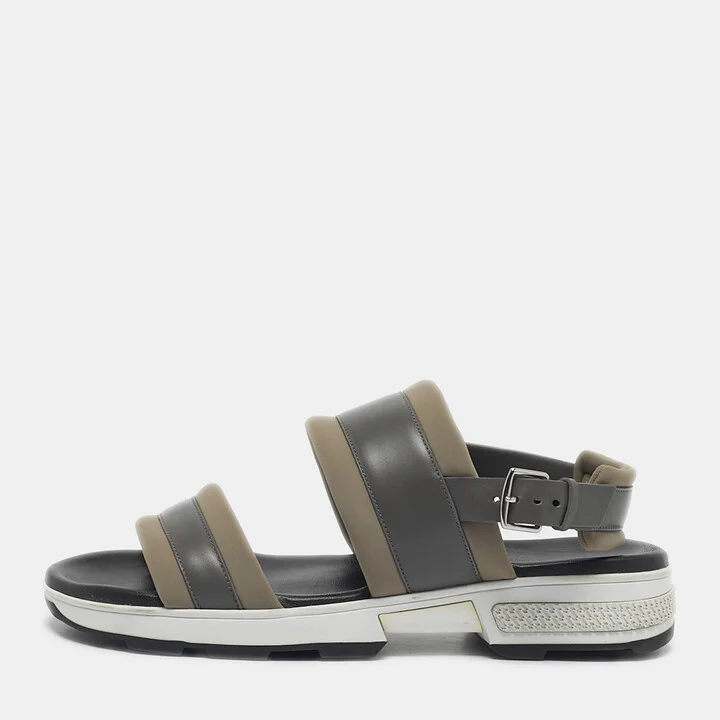 Hermes Grey/Brown Leather and Neoprene Flat Sandals Size 43