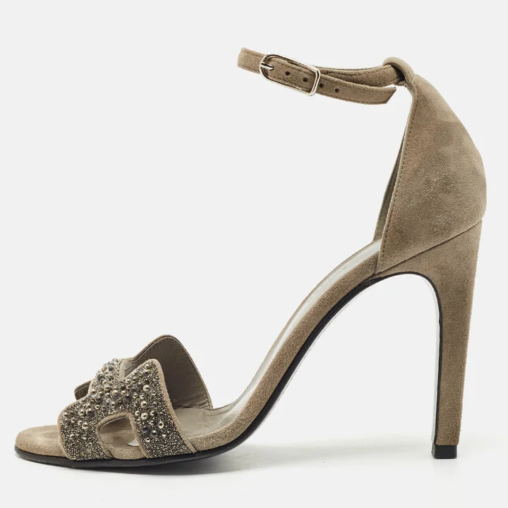 Hermes Grey Suede Crystal Premiere Ankle Strap Sandals Size 36.5