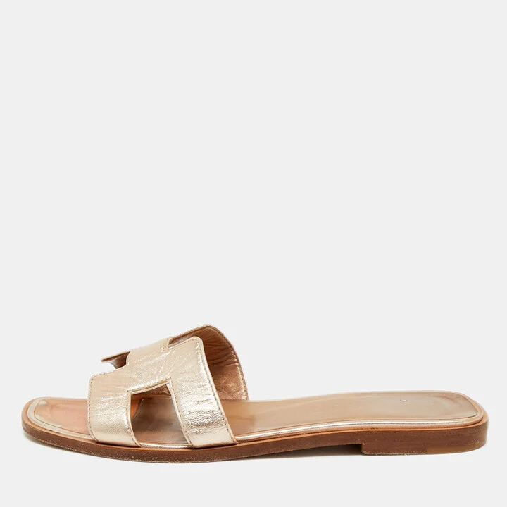 Hermes Metallic Bronze Leather Oran Flat Slides Size 36