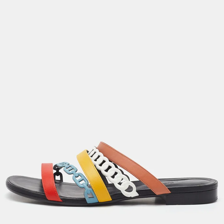 Hermes Multicolor Leather Amalfi Flat Slide Sandals Size 40