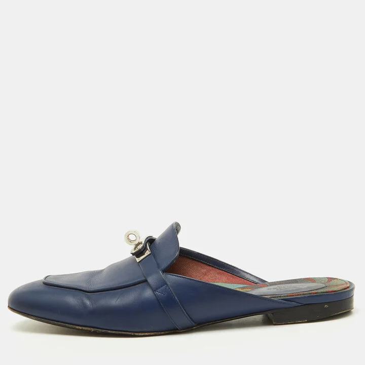 Hermes Navy Blue Leather Oz Flat Mules Size 39.5