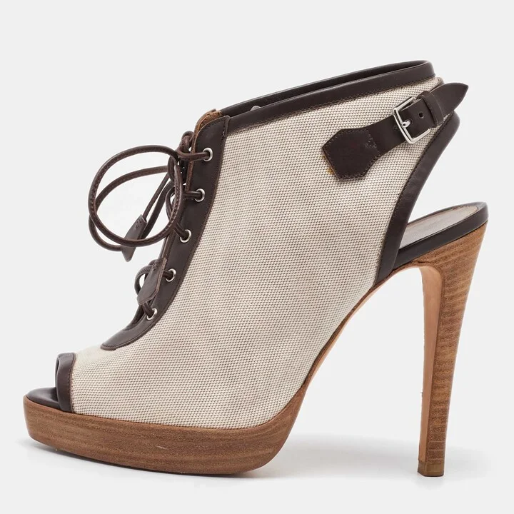 Hermes Off White/Brown Canvas and Leather Platform Booties Size 37