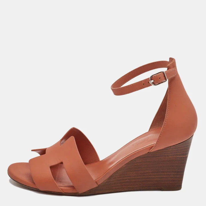Hermes Orange Leather Legend Wedge Sandals Size 38.5