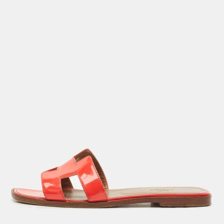 Hermes Orange Patent Oran Flat Slides Size 38