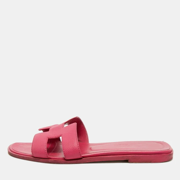 Hermes Pink Leather Oran Flat Slides Size 36.5