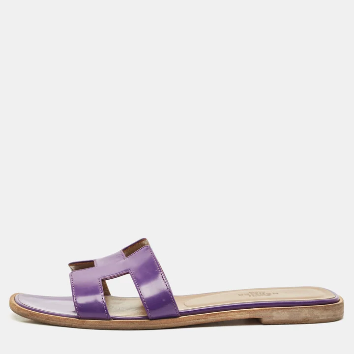 Hermes Purple Patent Leather Oran Flat Slides Size 36.5