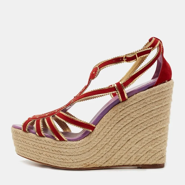 Hermes Red/Gold Suede and Leather Espadrille Wedge Sandals Size 41