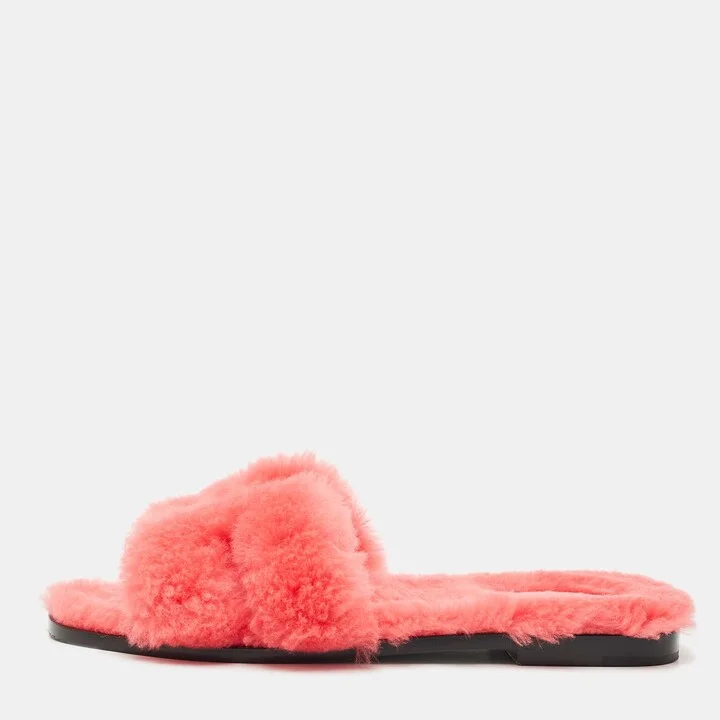 Hermes Red Shearling Fur Oran Flat Sandals Size 38.5
