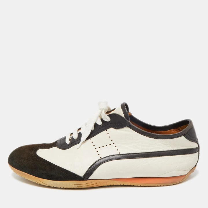Hermes White/Brown Leather and Suede Low Top Sneakers Size 45