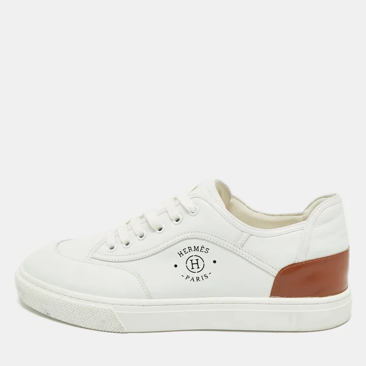 Hermes White/Brown Leather Get Sneakers Size 45