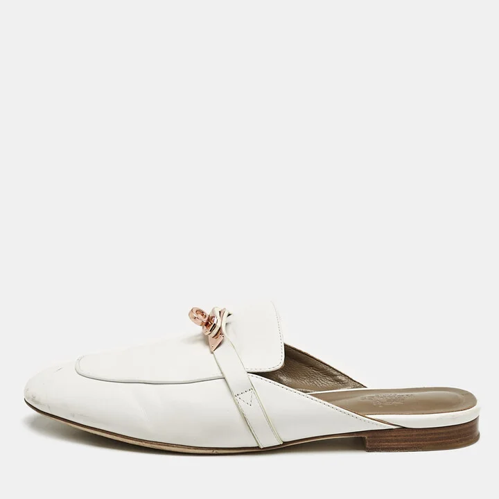 Hermes White Leather Oz Flat Mules Size 39
