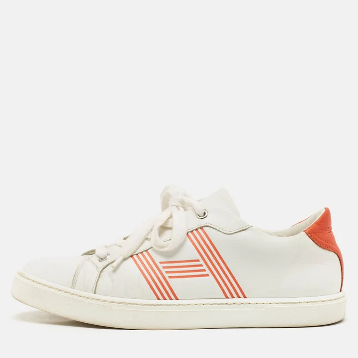 Hermes White/Orange Leather Avantage Sneakers Size 38
